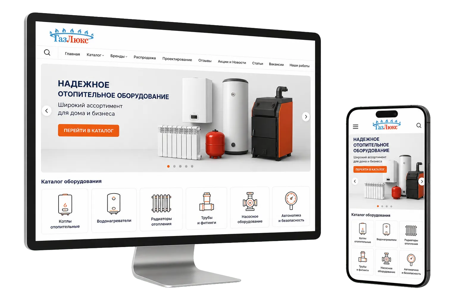 Мокап интернет-магазина Газлюкс на компьютере и смартфоне